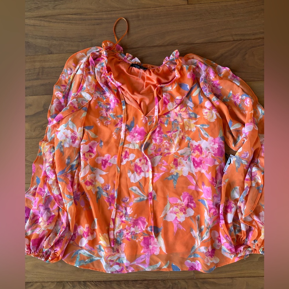 1.STATE Vibrant Floral Blouse in Orange and Pink